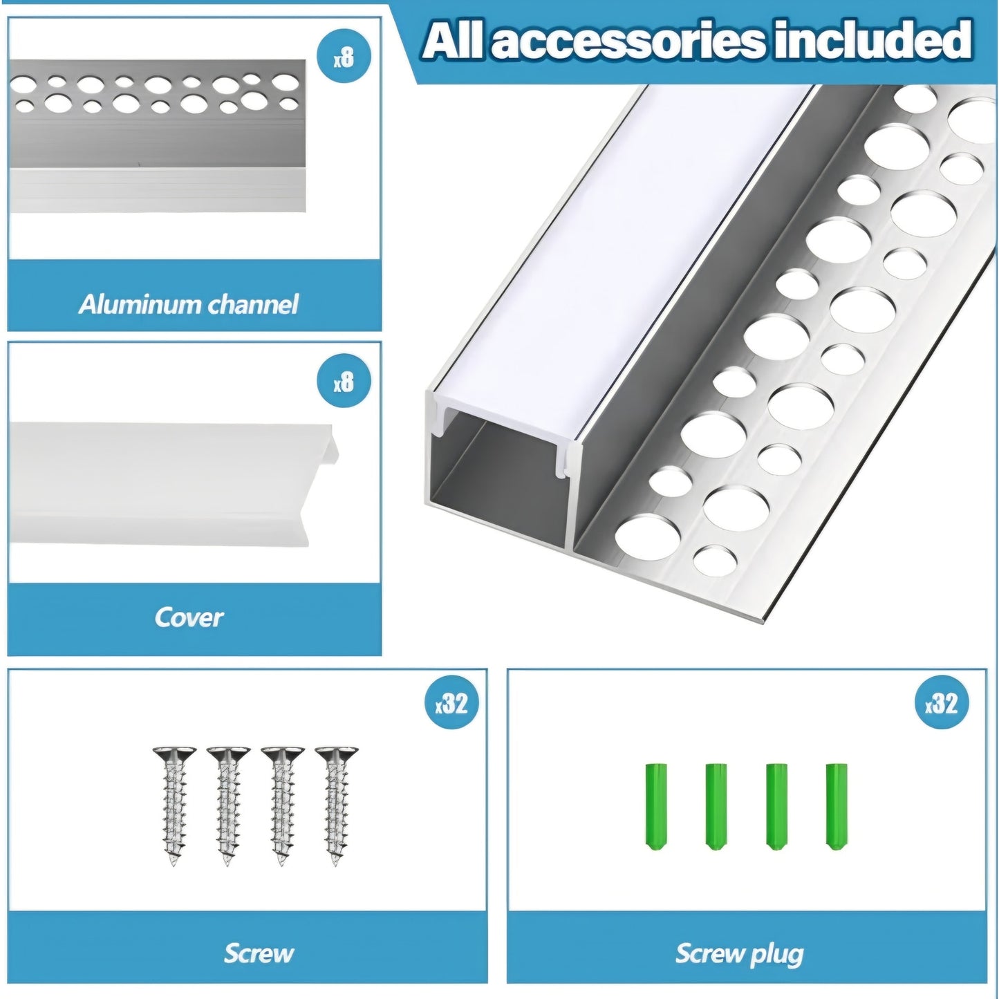 8 Pcs 6.6ft/ 2 Meter Plaster in LED Channel Trimless Single Sided LED Diffuser