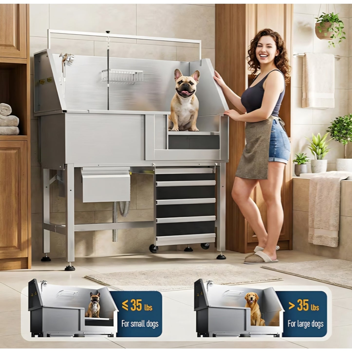 46" Heavy Duty Dog Washing Station - 304 Stainless Steel Pet Bathing Tub with Right Side Ramp