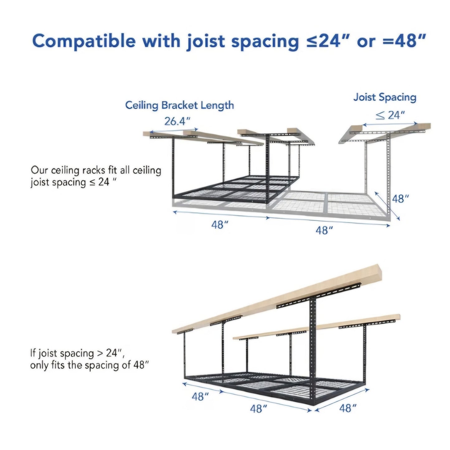 4x8 Overhead Garage Ceiling Storage Rack Organization, Black 750lbs Weight Capacity, 22"-40"