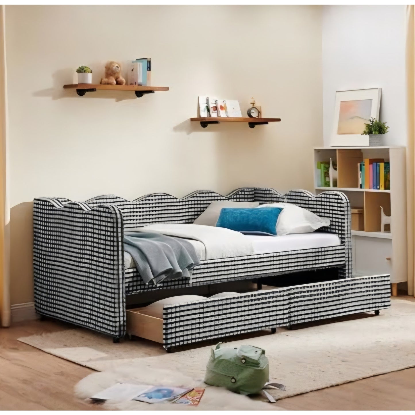 Twin Size Upholstered Daybed with 2 Storage Drawers, Gingham Daybed with USB Ports for Bedroom