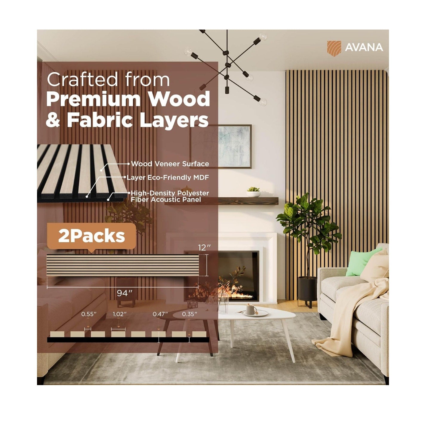 Avana Acoustic Wood Wall Panels – 94.4 x 12.6 Inch White Oak Acoustic Panels 2 PCs