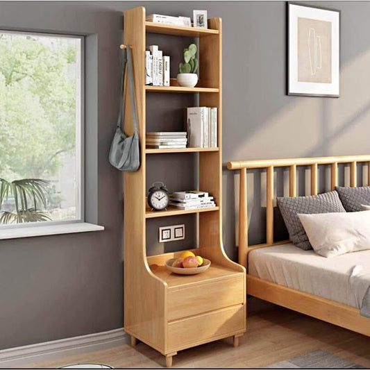 IOTXY Oak Bedside Table Bookshelf - 71" Tall Free Standing Wooden Open Shelf Bookcase with Drawers a