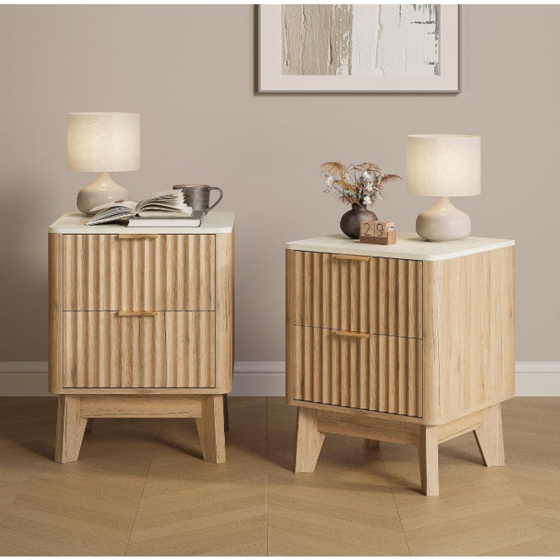 Fluted Nightstand Set of 2 with Faux Marble Top,Natural Oak