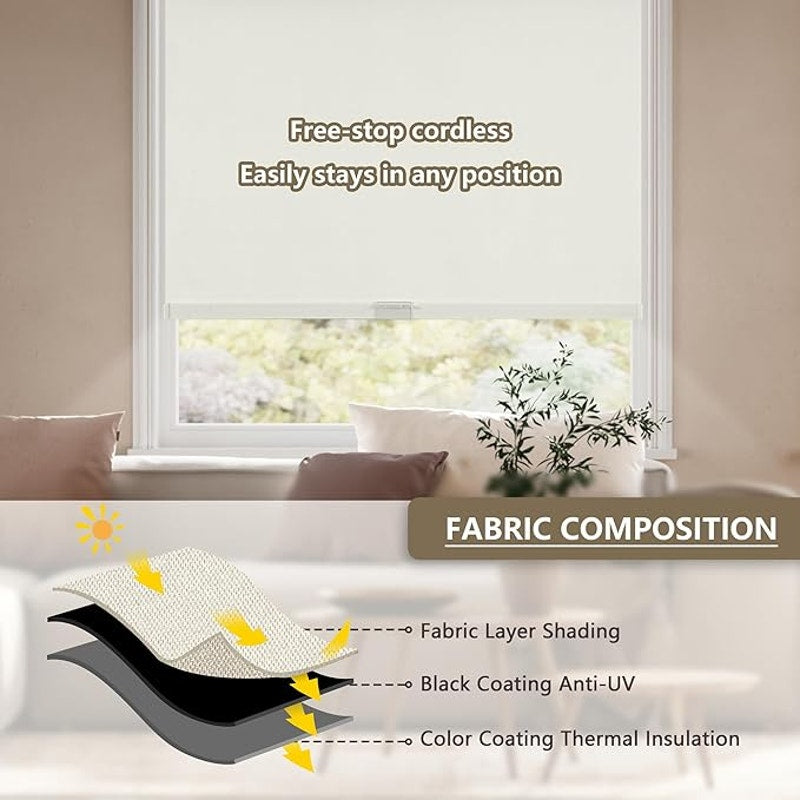 Cordless Blackout Roller Shades Blinds for Windows Free-Stop, Beige 62"Wx72" H