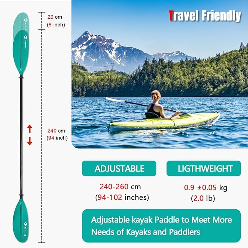 Kayak Paddle Premium Carbon Fiber Paddle, Reinforced PP + Fiberglass Blade, 240-260 cm/94-102 Inches