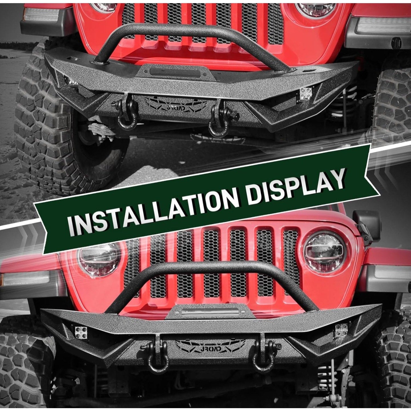 JROAD Compatible with Jeep Wrangler, Front Bumper W/LED Lights, 2 x D-Rings, Winch Plate,2018-2025J