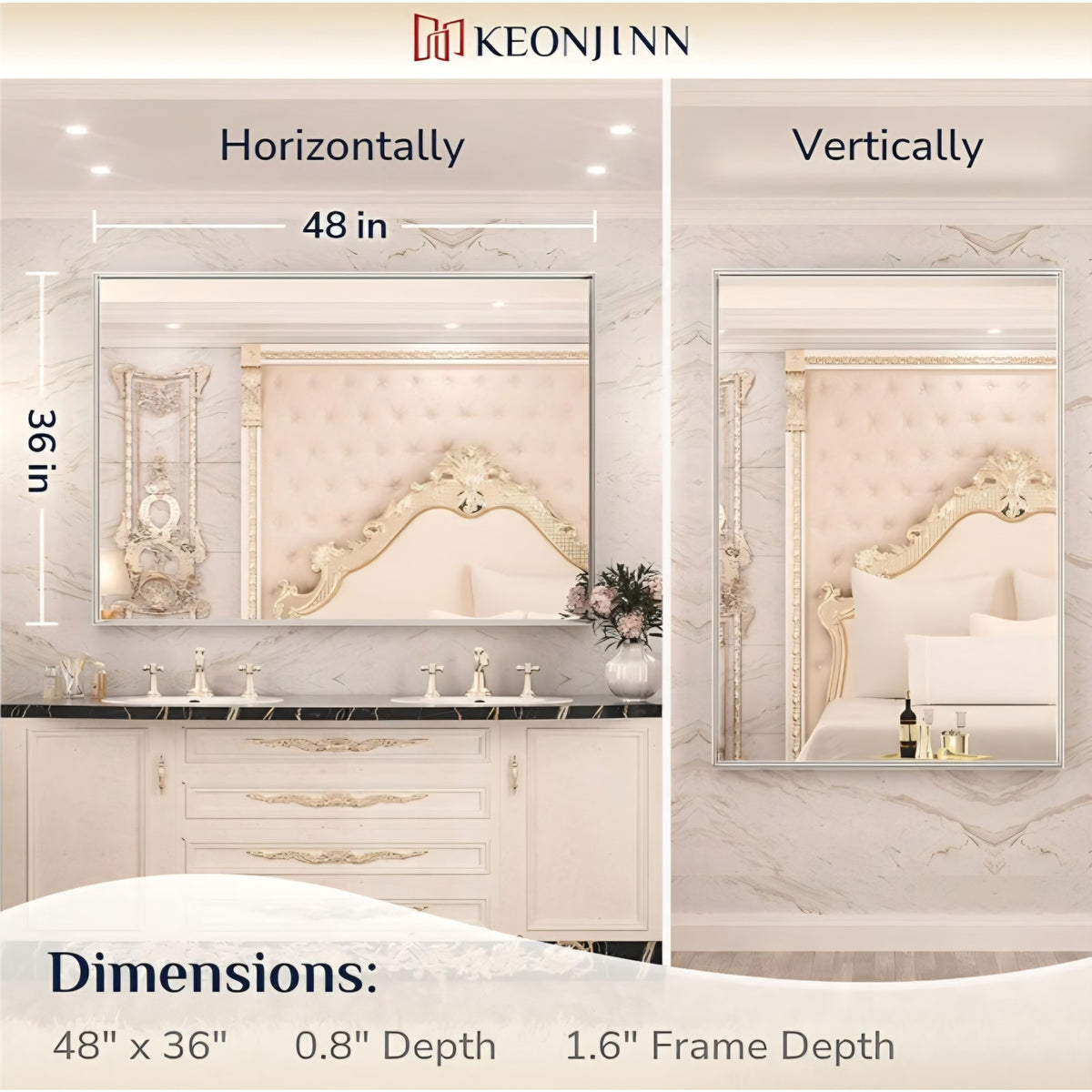 Keonjinn 48 x 36 Inch Silver Bathroom Mirror for Over Sink Large Rectangle Wall Mirror