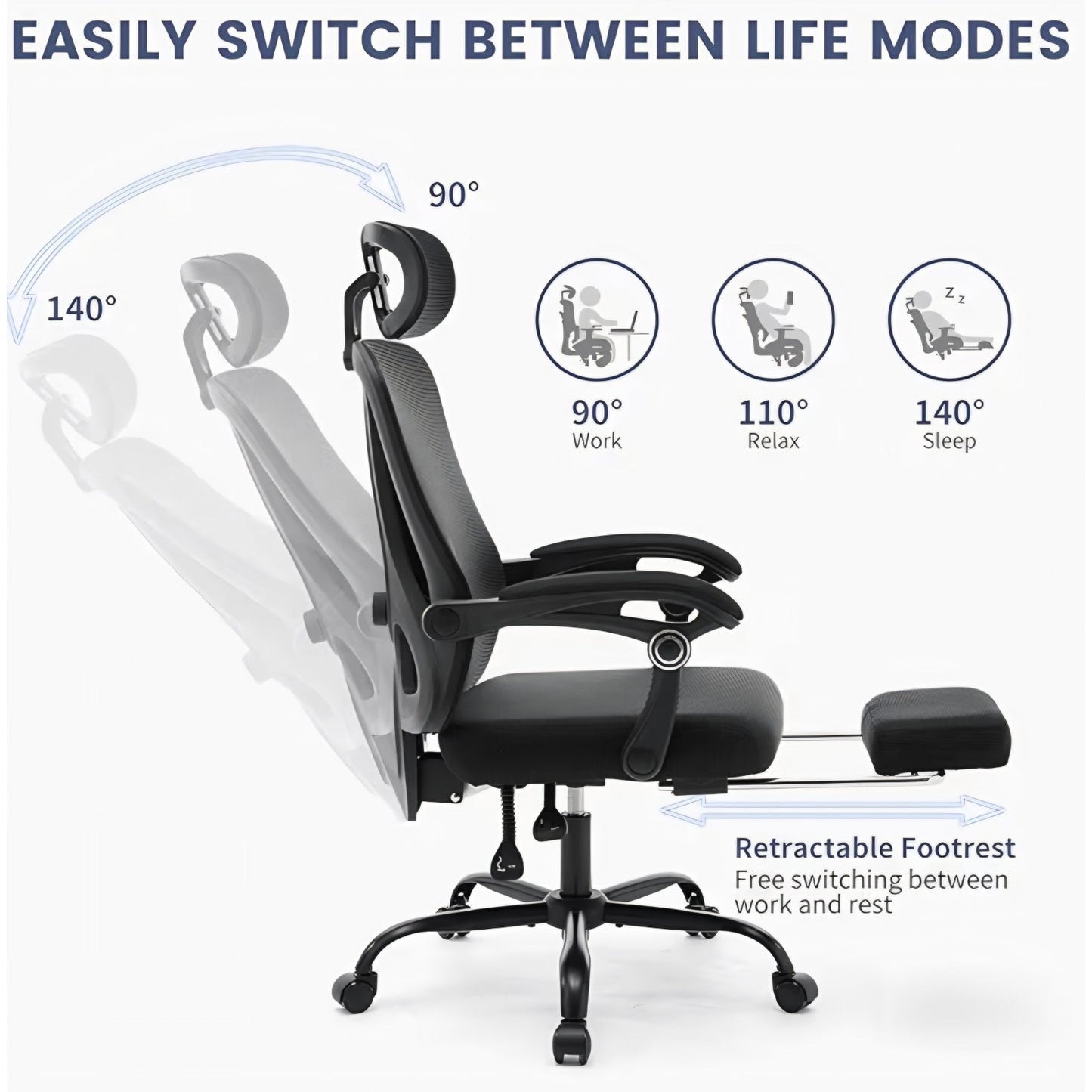 Ergonomic High-Back Office Chair with Footrest and Headrest, Mesh Desk Chair with Adjustable Lumbar