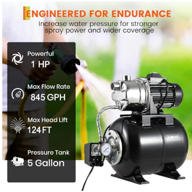 1 HP Shallow Well Jet Pump with 5-Gallon Pressure Tank – Stainless Steel, 130ft Lift, 20ft Suction