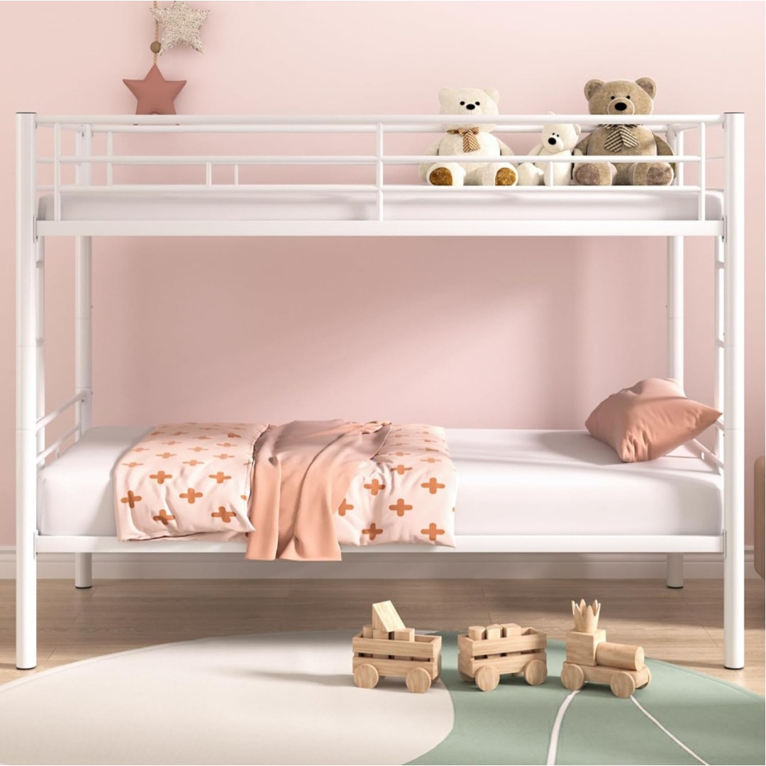 VECELO Bunk Bed Twin Over Twin, Metal Bunkbeds with Ladder and Full-Length Guardrail, No Box Spring Needed, Space Saving, Noise Free, White