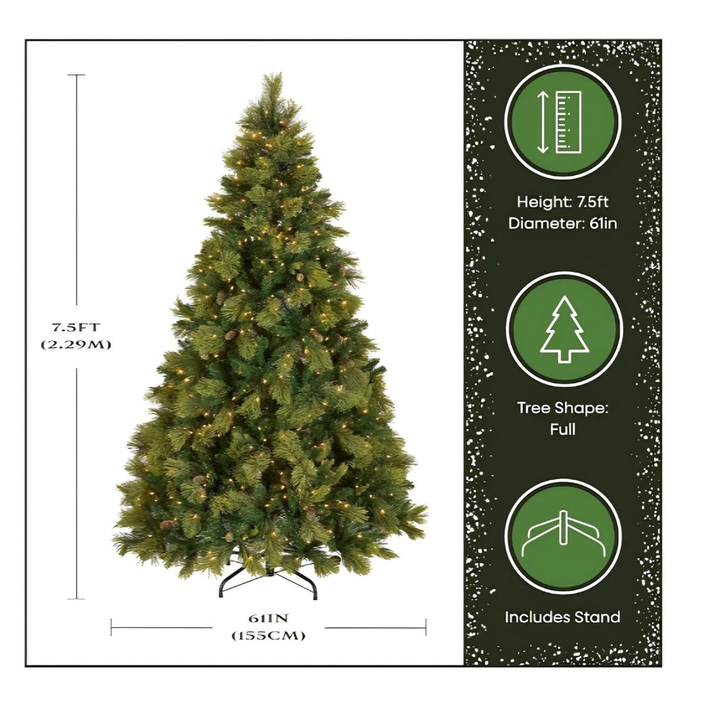 Artificial Christmas Tree, 750 Clear Lights, 1,399 Tips, Includes Stand, Green