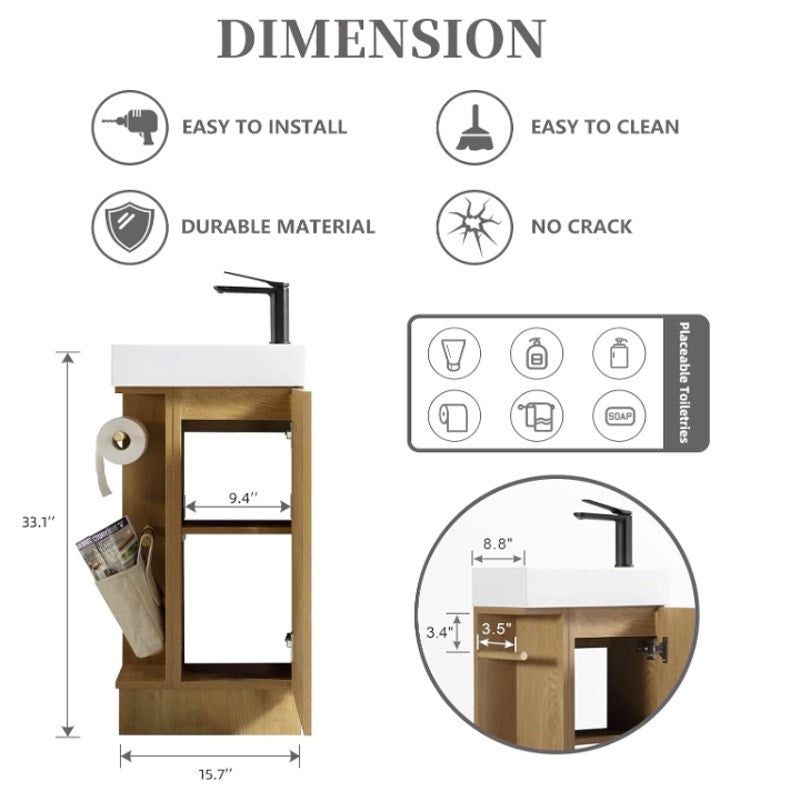 16" Small Bathroom Vanity with Sink - Snaefell Oak:Small Space Fit