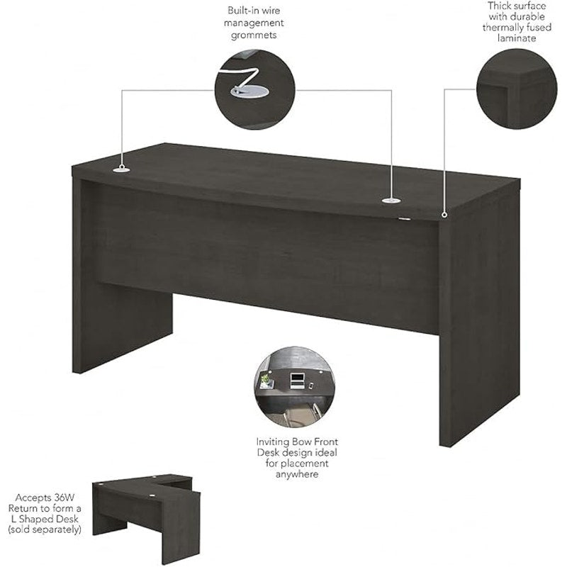 Bush Furniture Bow Front Desk with Wire Management.Quick-to-Assemble Hw. 60Wx28Lx30H Charcoal Maple