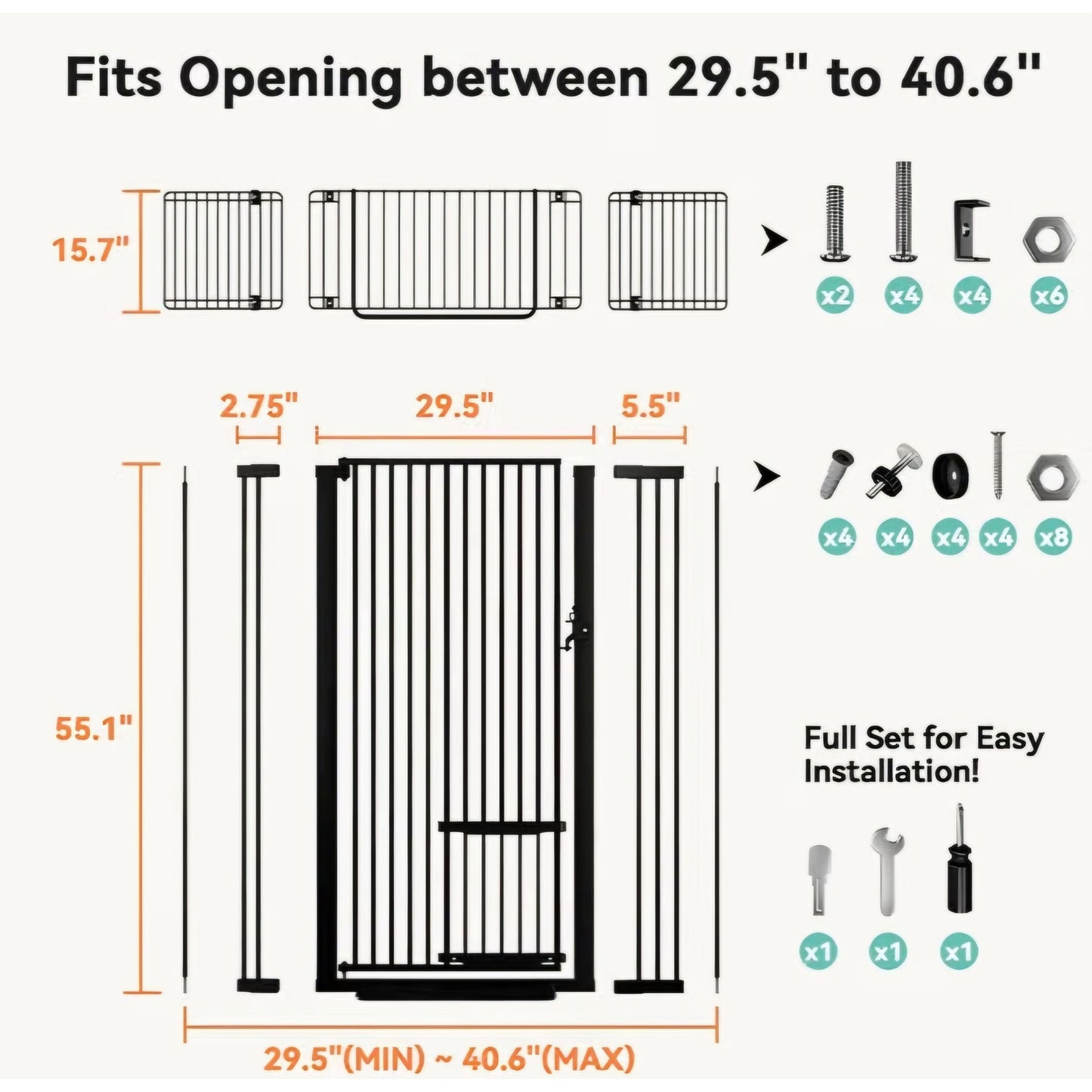 COMOMY 71" Extra Tall Pet Gate, 29.5-40.6" Wide with Adjustable Cat Door