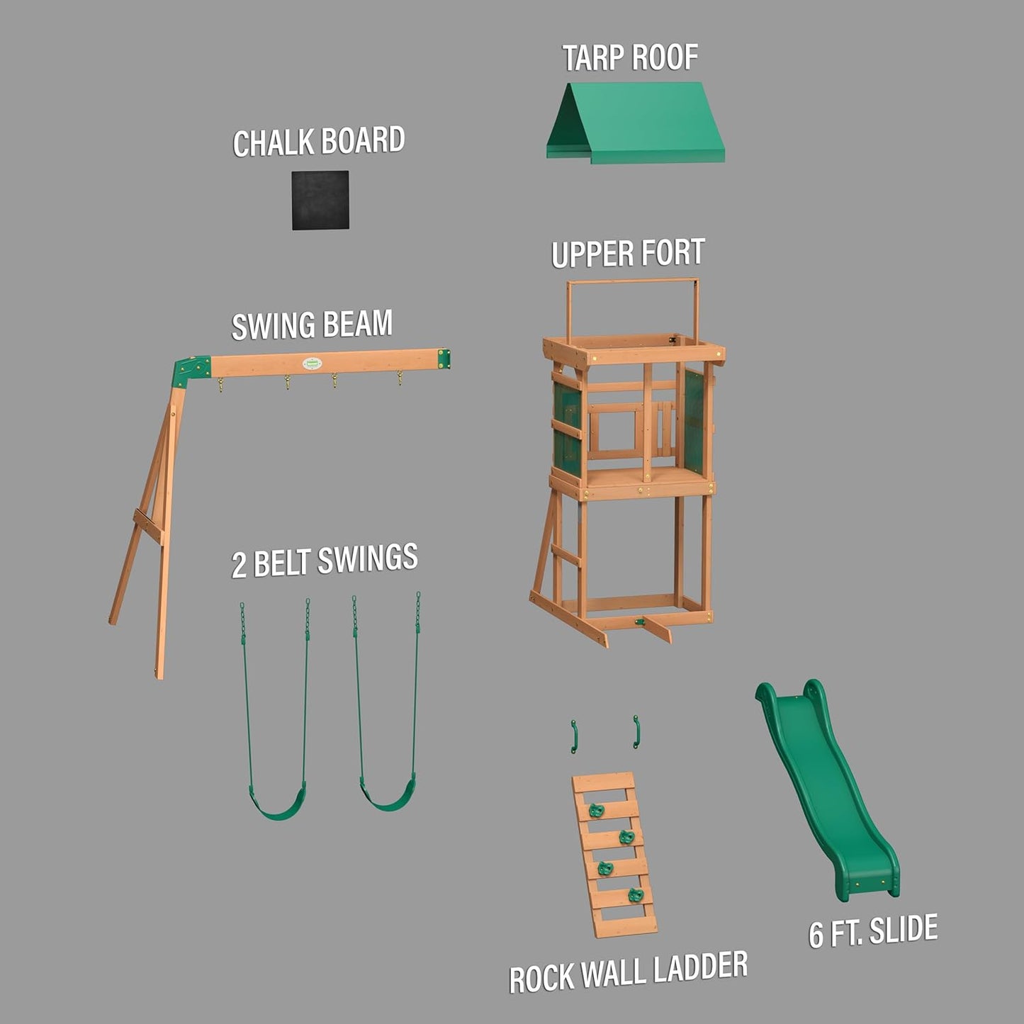 Backyard Discovery Buckley Hill Cedar Wood Swing Set, Wave Slide, Play Deck, Rock Wall Ladder, Green