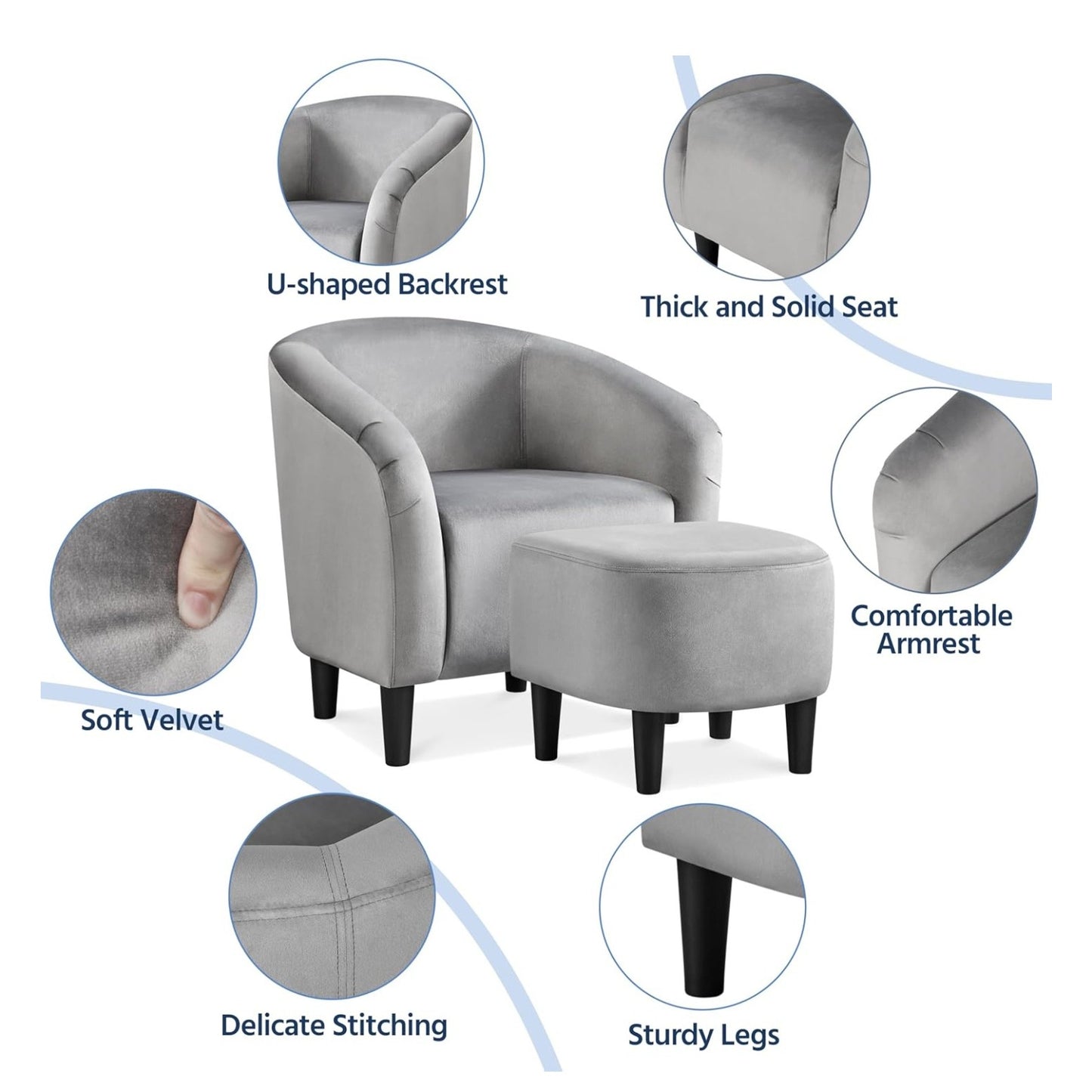 Yaheetech Accent Chair with Ottoman Set, Modern Upholstered Soft Barrel Chair with Footstool,