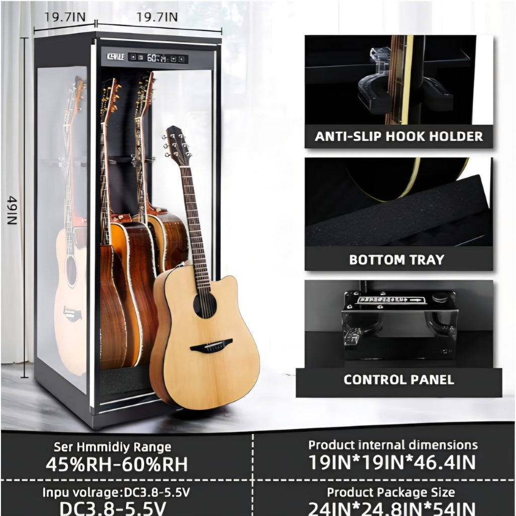 Guitar Display Case for Electric & Acoustic Guitars - Humidity Control Cabinet with Hygrometer