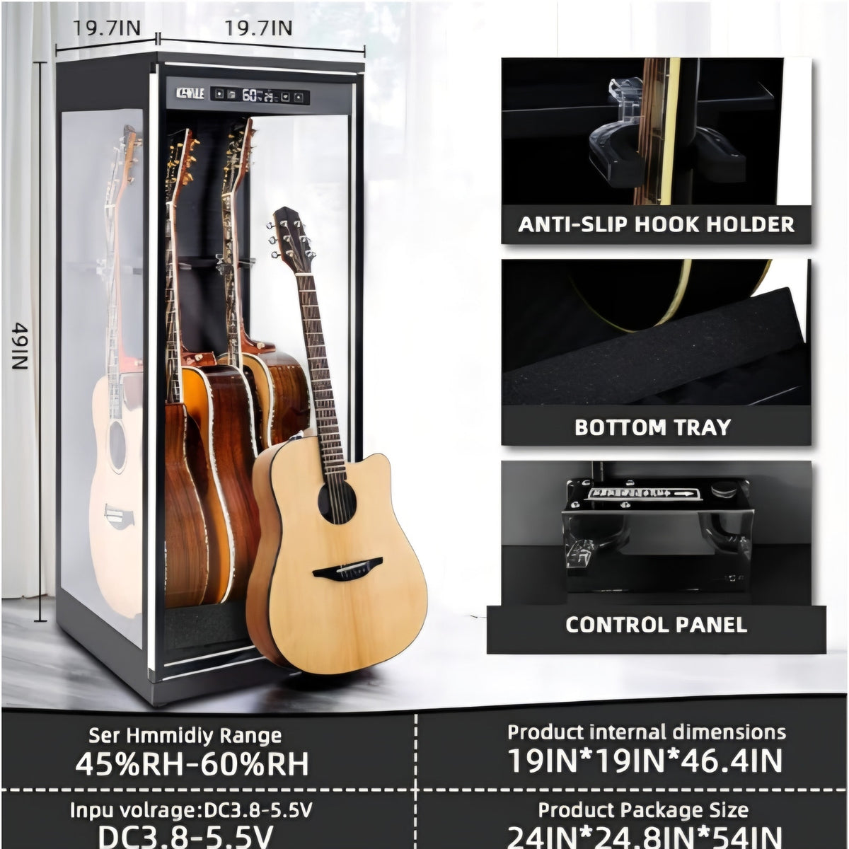 Guitar Display Case for Electric & Acoustic Guitars - Humidity Control Cabinet with Hygrometer