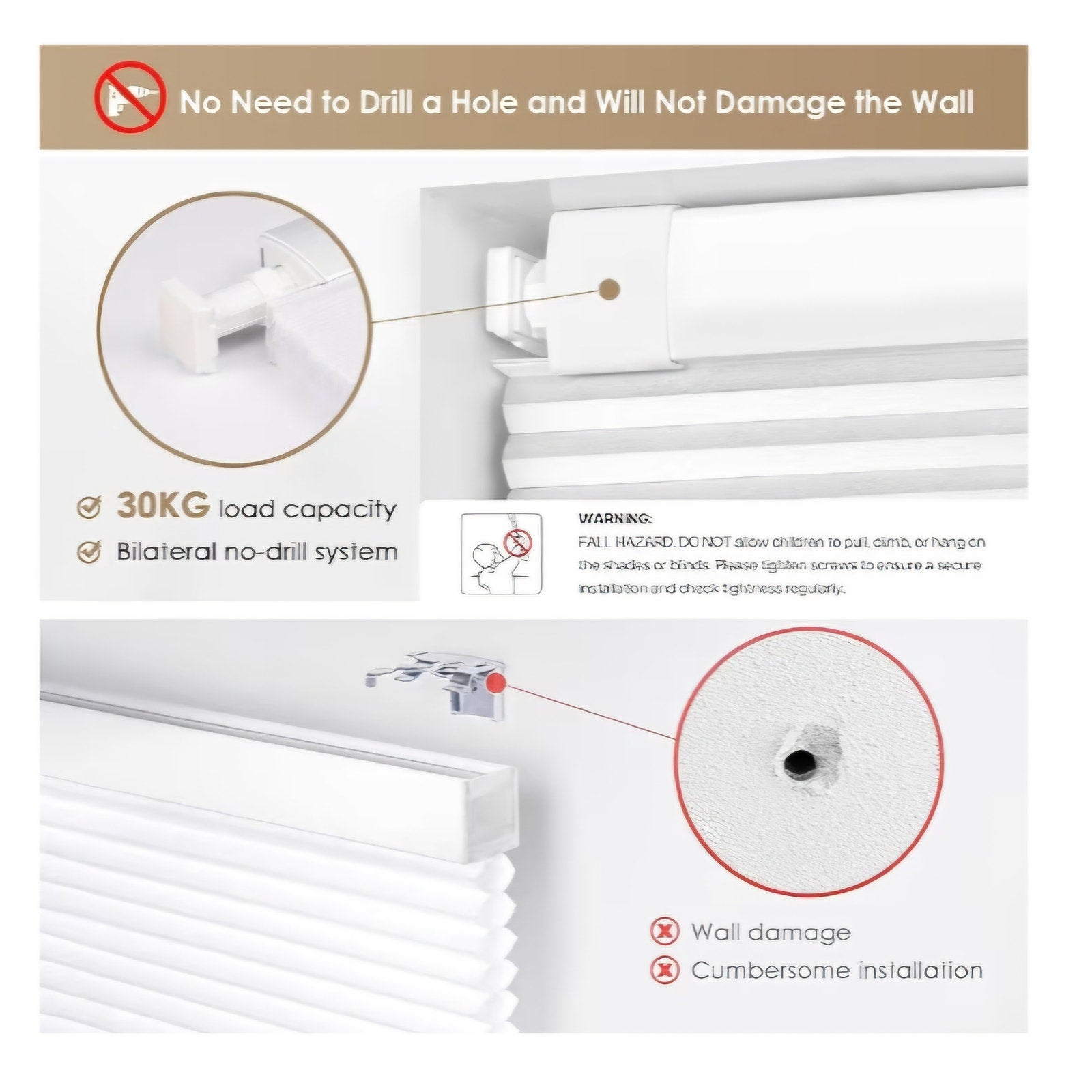LazBlinds No Tools No Drill Cordless Cellular Shades 46" W x 48" H, White