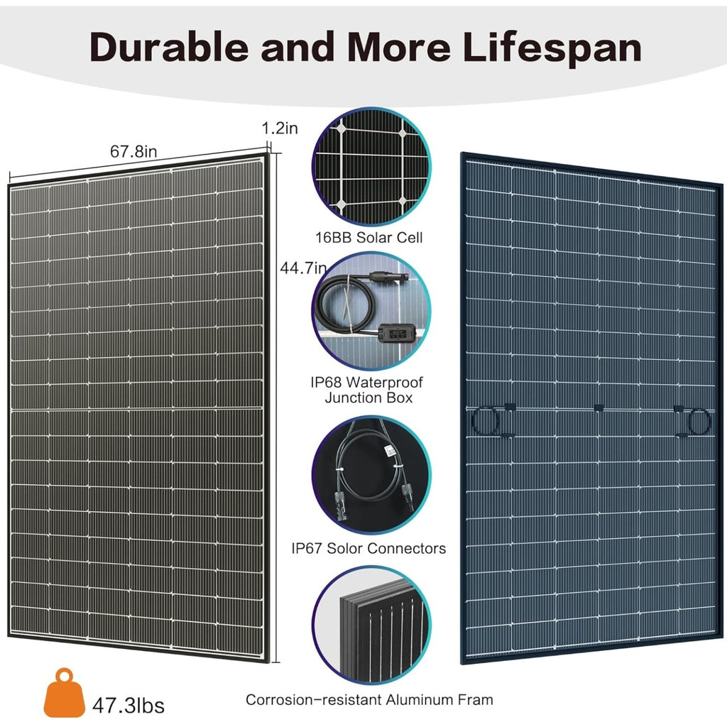 JJN Bifacial 2PCS 400 Watt Solar Panel, N-Type 16BB 400W Solar Panels, 25% High Efficiency