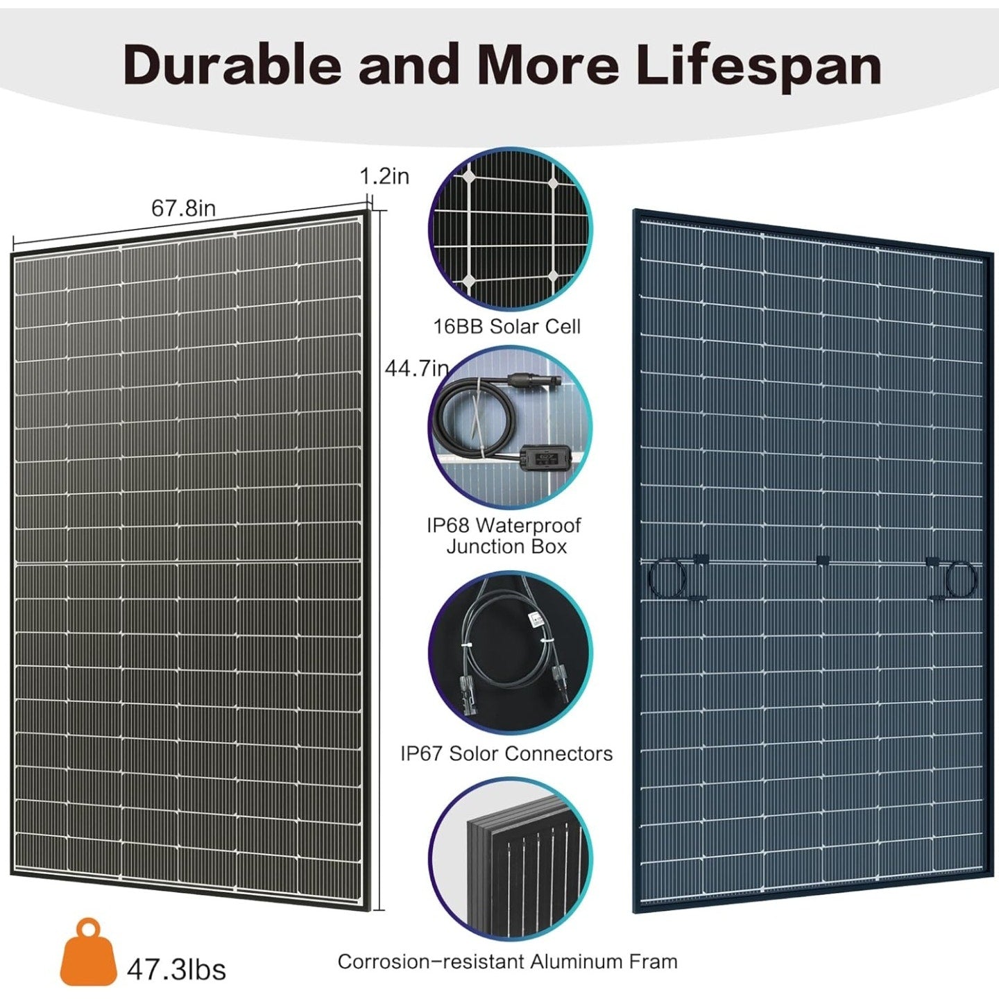 JJN Bifacial 2PCS 400 Watt Solar Panel, N-Type 16BB 400W Solar Panels, 25% High Efficiency