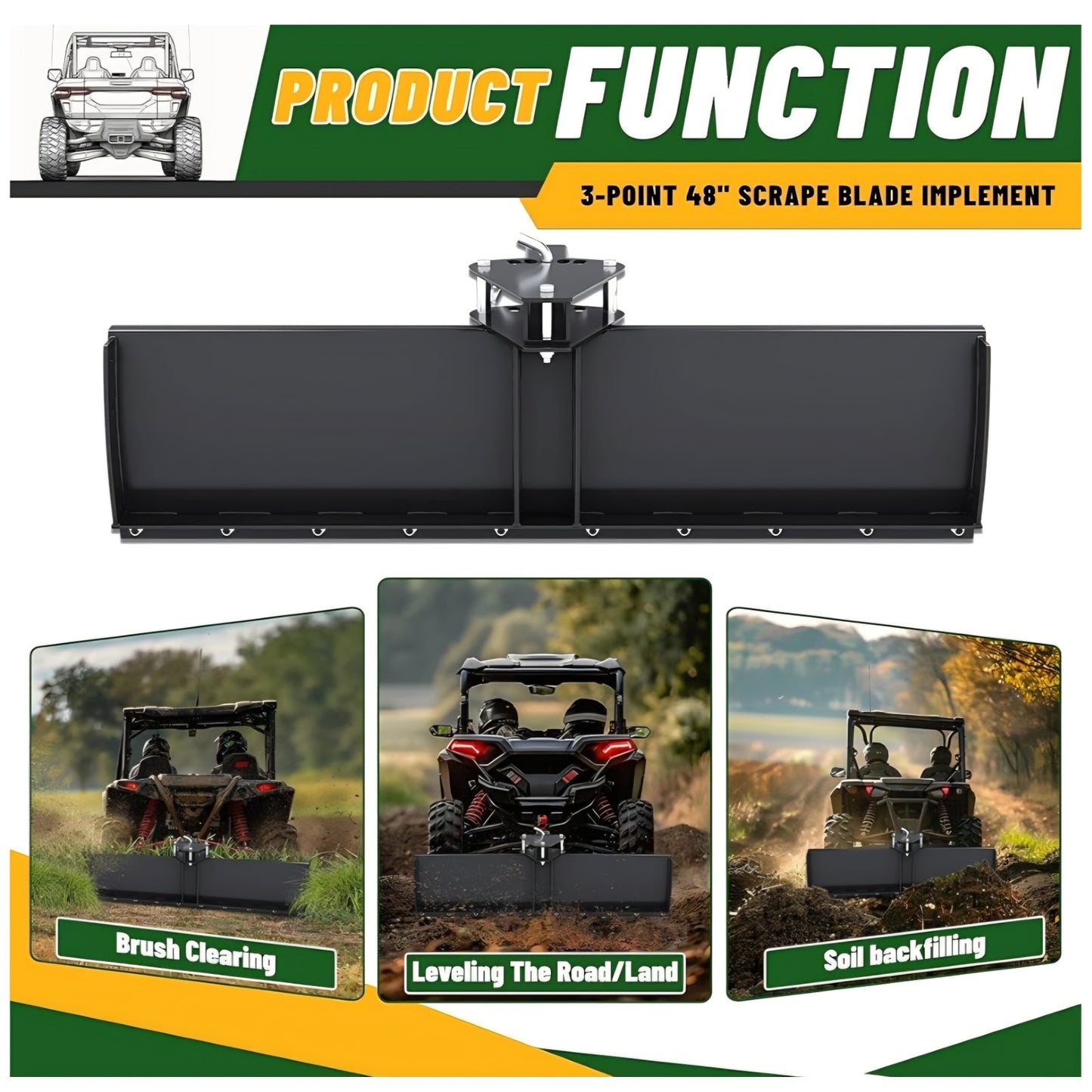 3-Point 48" Scrape Blade Implement 2 Inch Receiver ATV UTV Lawn Garden Tractors w/5