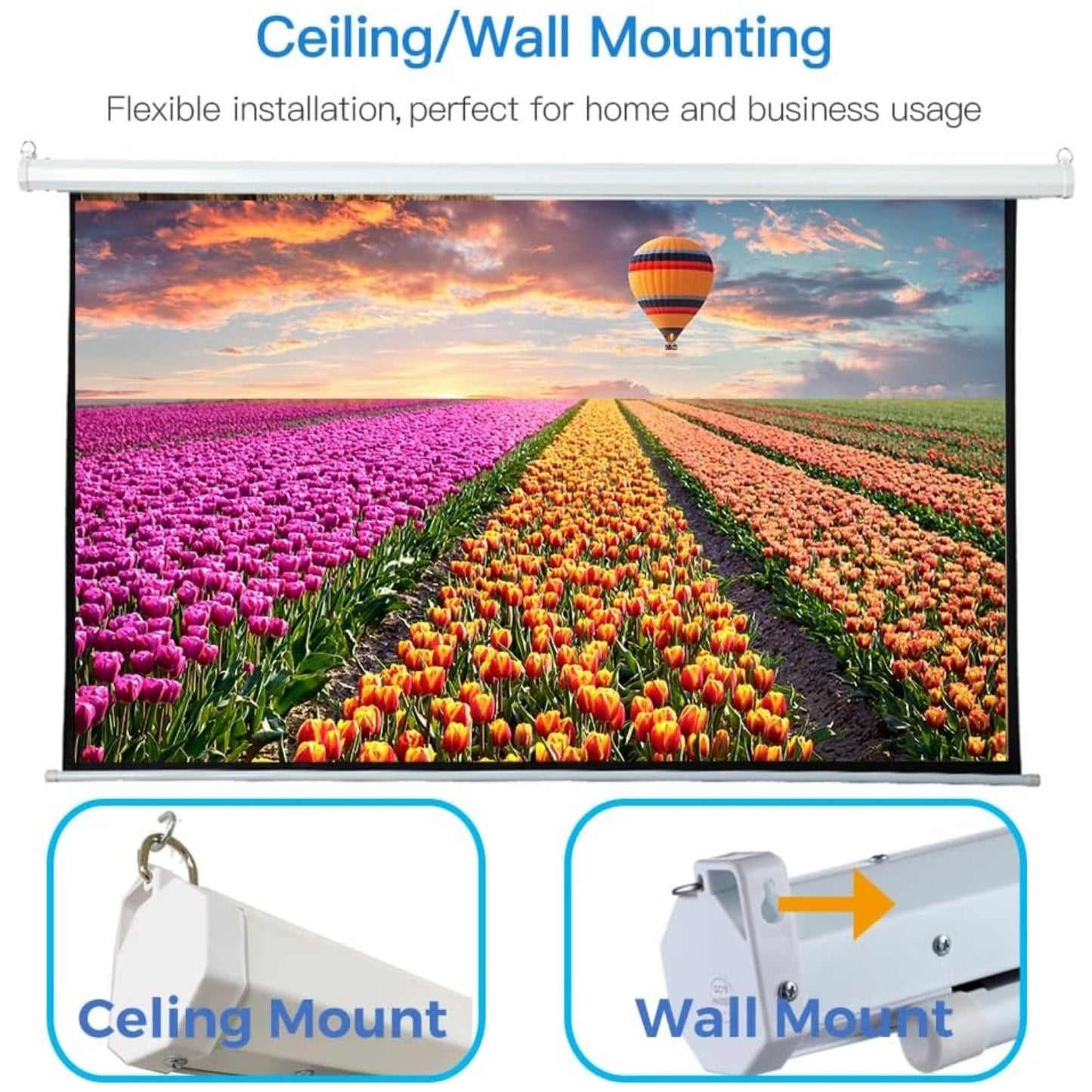 100 Inch Motorized Projector Screen - 16:9 HD Electric Movie Screen with Remote Control, Wall/