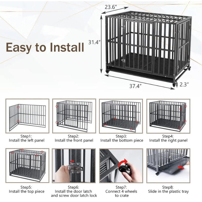 LUCKUP Heavy Duty Dog Cage - with 2 Doors and 4 Wheels