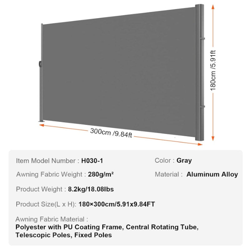 VEVOR Retractable Side Awning, UV 50 71''x118'' Full Aluminum Rust-Proof Outdoor Privacy Screen