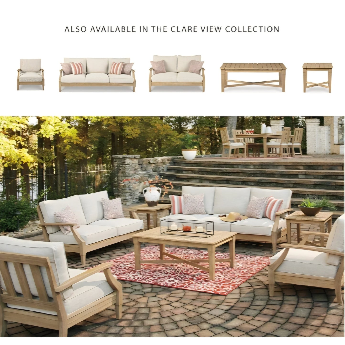 Signature Design by Ashley Clare View Coastal Outdoor Patio Eucalyptus Sofa with Cushions, Beige