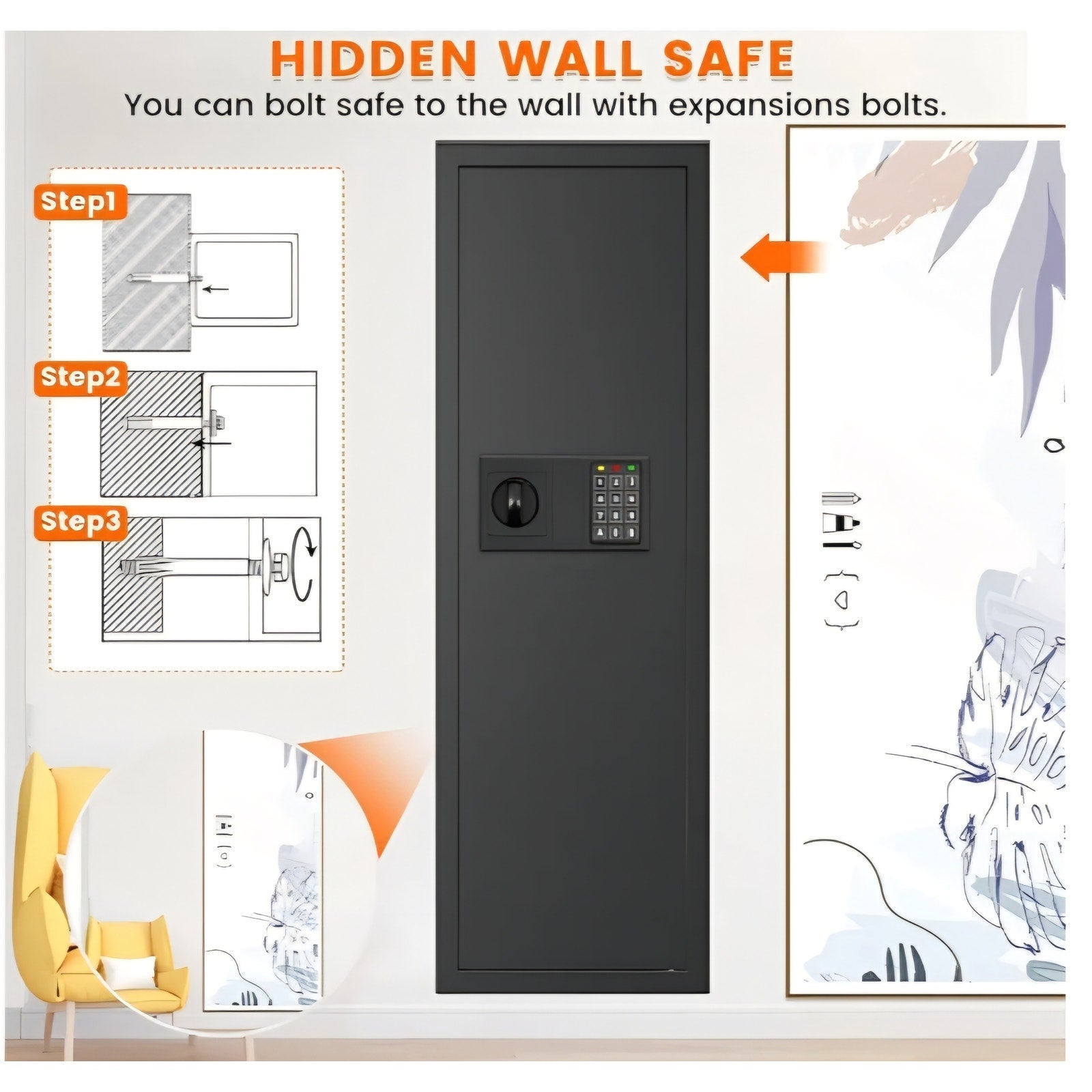51.18" Tall Wall Safes Between the Studs 16" Centers, Heavy Duty Combination Lock in Wall Safe