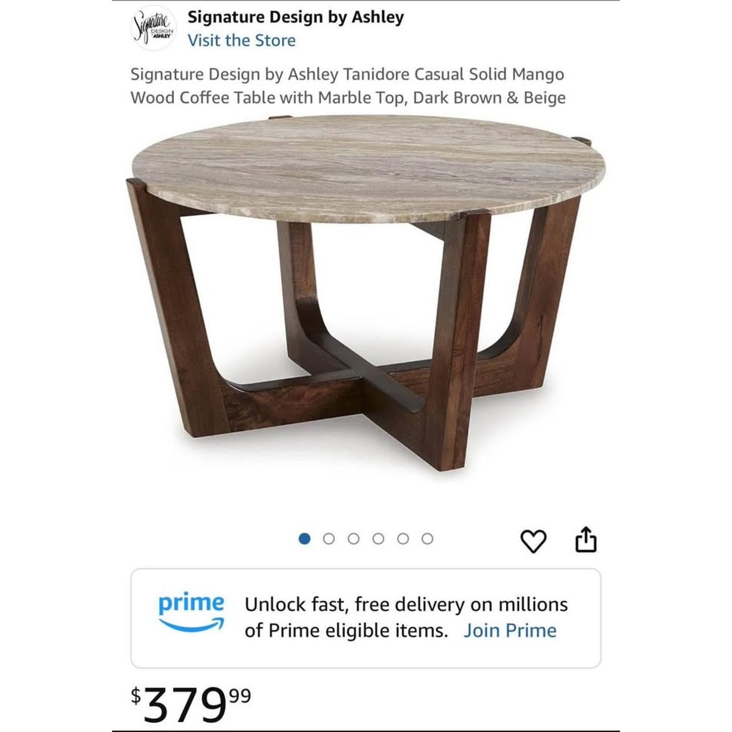 Signature Design by Ashley Tanidore Casual Solid Mango Wood Coffee Table with Marble Top, Dark Brown