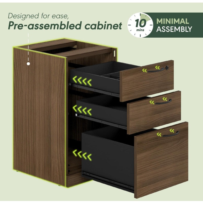 Furinno Roger File Cabinet, 3-Drawer Fixed Pedestal Filing Cabinet with Lock