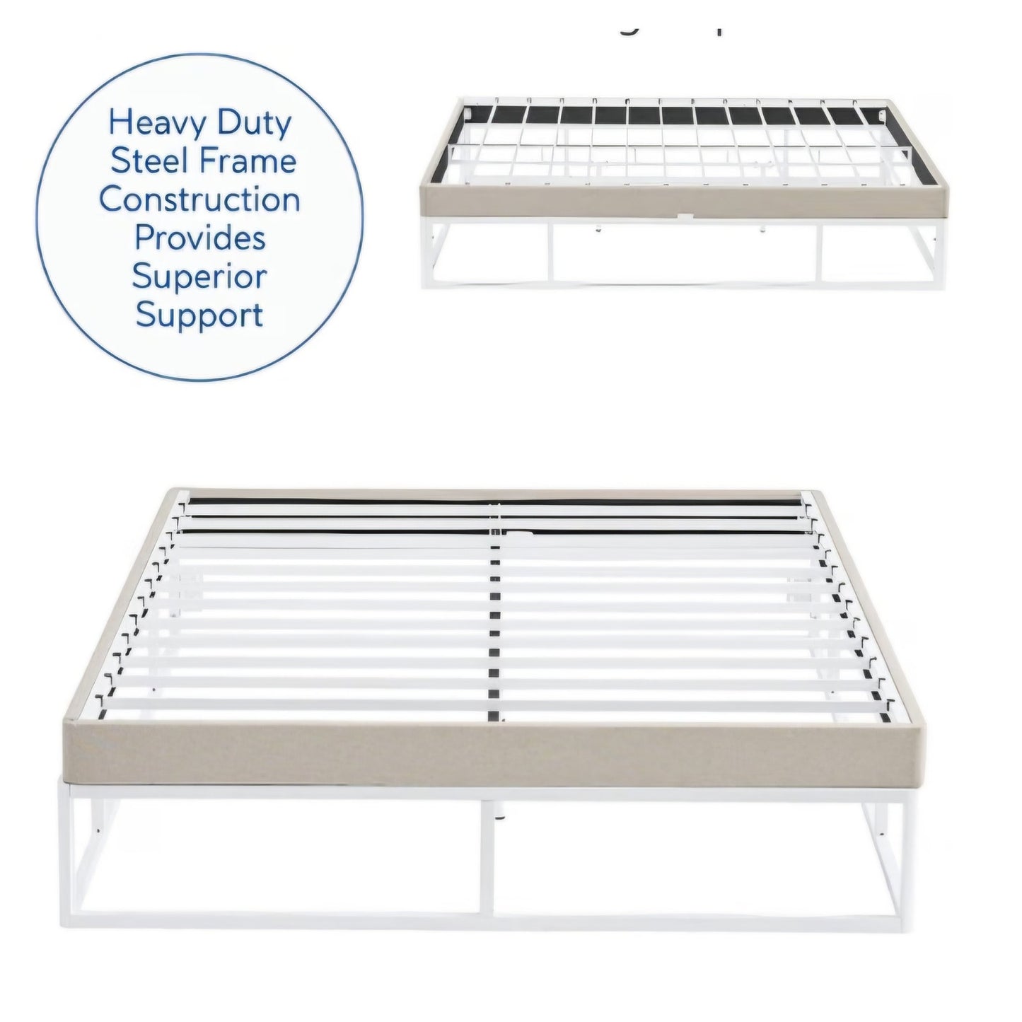 King Size Capri White Metal Platform Bed Frame with Built-in Beige Upholstered Mattress Foundation