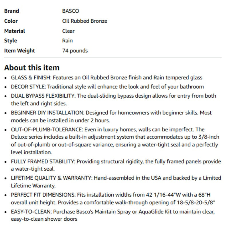 Basco Deluxe Framed Sliding Shower Door, Fits 42-44 inch opening, Rain Glass