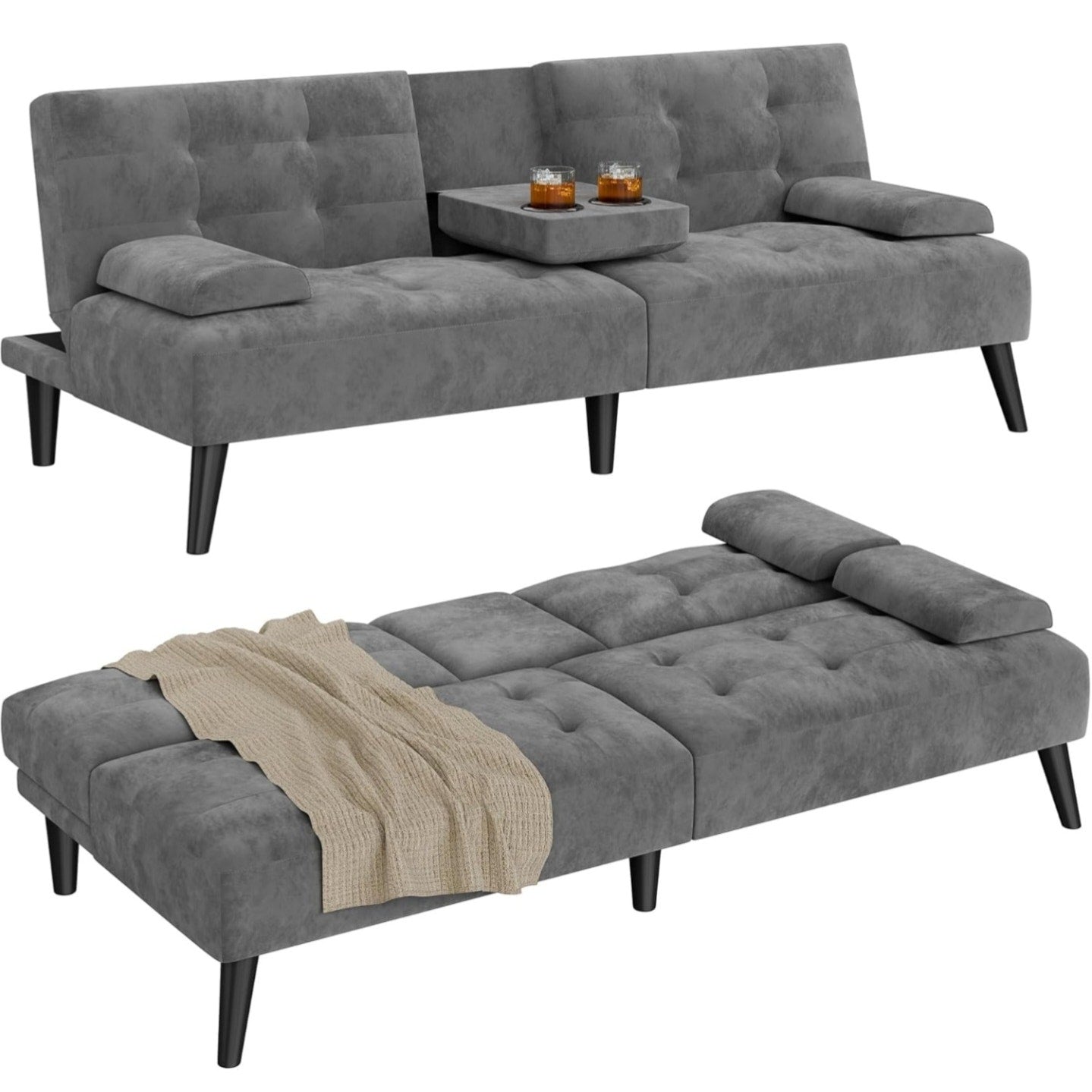 Shintenchi Futon Sofa Bed, Velvet Foldable Couch Reclining Sleeper w/Removable Armrests, Upholstered