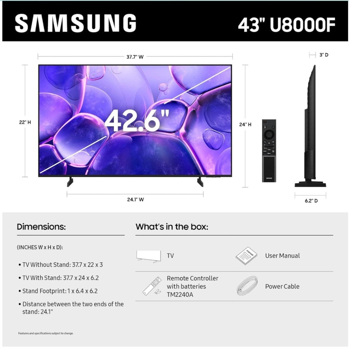 Samsung 43-Inch Class Crystal UHD U8000F 4K Smart TV (2025 Model) Endless Free Content,