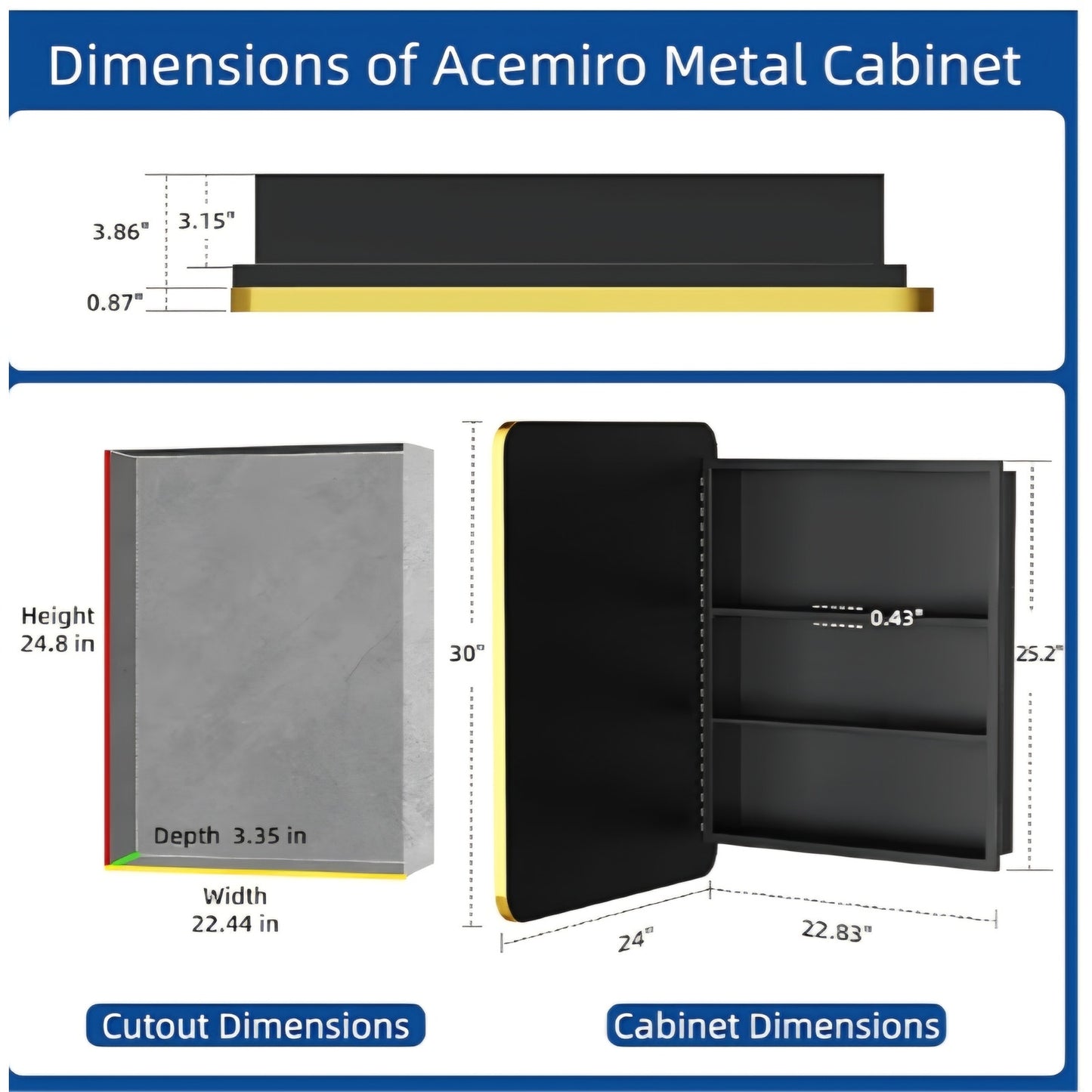 24x30 Inch Bathroom Medicine Cabinet with Mirror Gold Metal Framed Recessed or Surface Wall Mounted