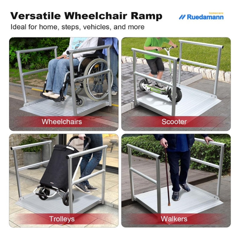 Ruedamann 36" Wide Aluminum Wheelchair Ramp with Handrails, Non-Slip Extra-Wide Platform