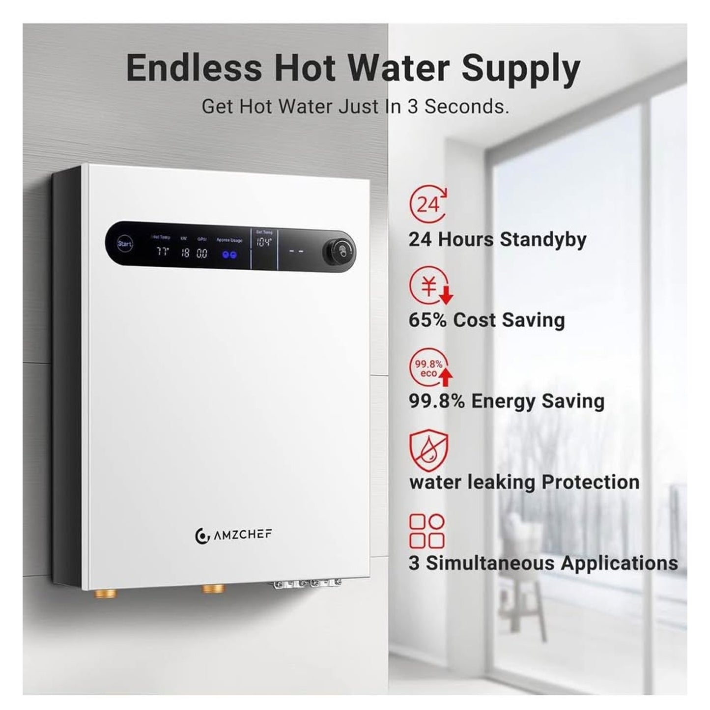 AMZCHEF Tankless Water Heater Electric 27kW 240V on Demand Instant Endless Water Heater with LED Tem