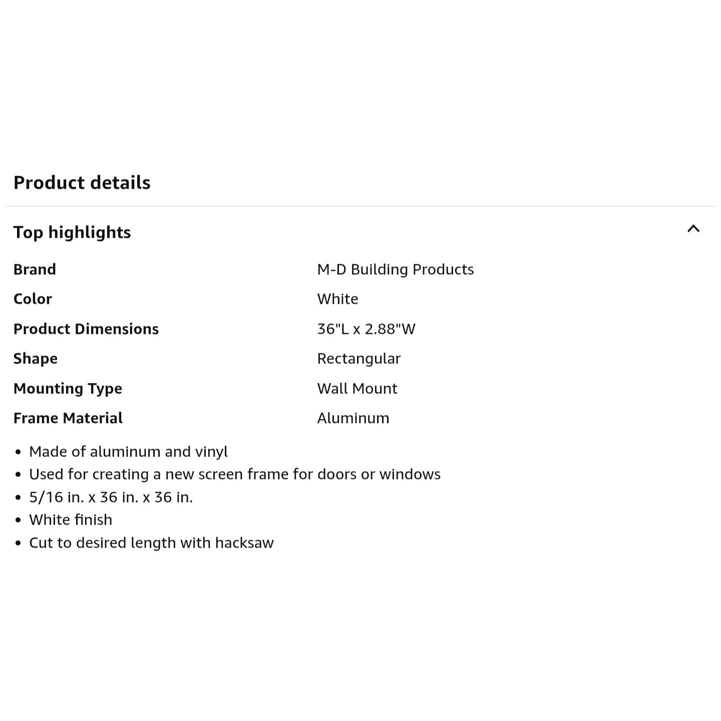 M-D Building Products 14104 5/16 in. x 36 in. x 36 in. White Aluminum Screen Frame Kit