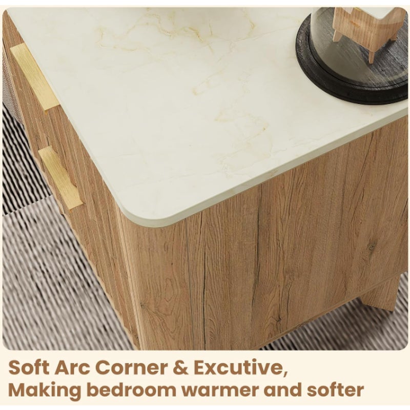 Fluted Nightstand Set of 2 with Faux Marble Top,Natural Oak