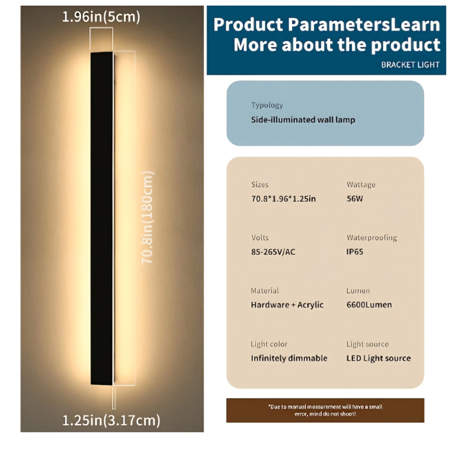 71inch Modern Outdoor Wall Light, 3000K-6000K Dimmable Outside Wall Sconce, Black Exterior Lighting
