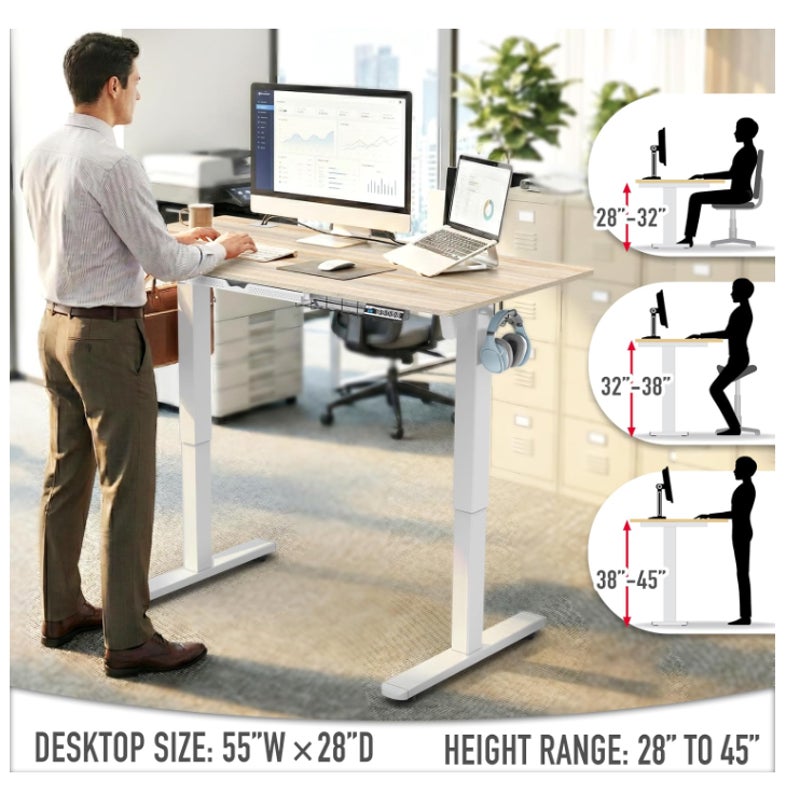 SHW 55 x 28 Electric Height Adjustable Standing Desk w/Drawer, Maple w/ Memory Presets