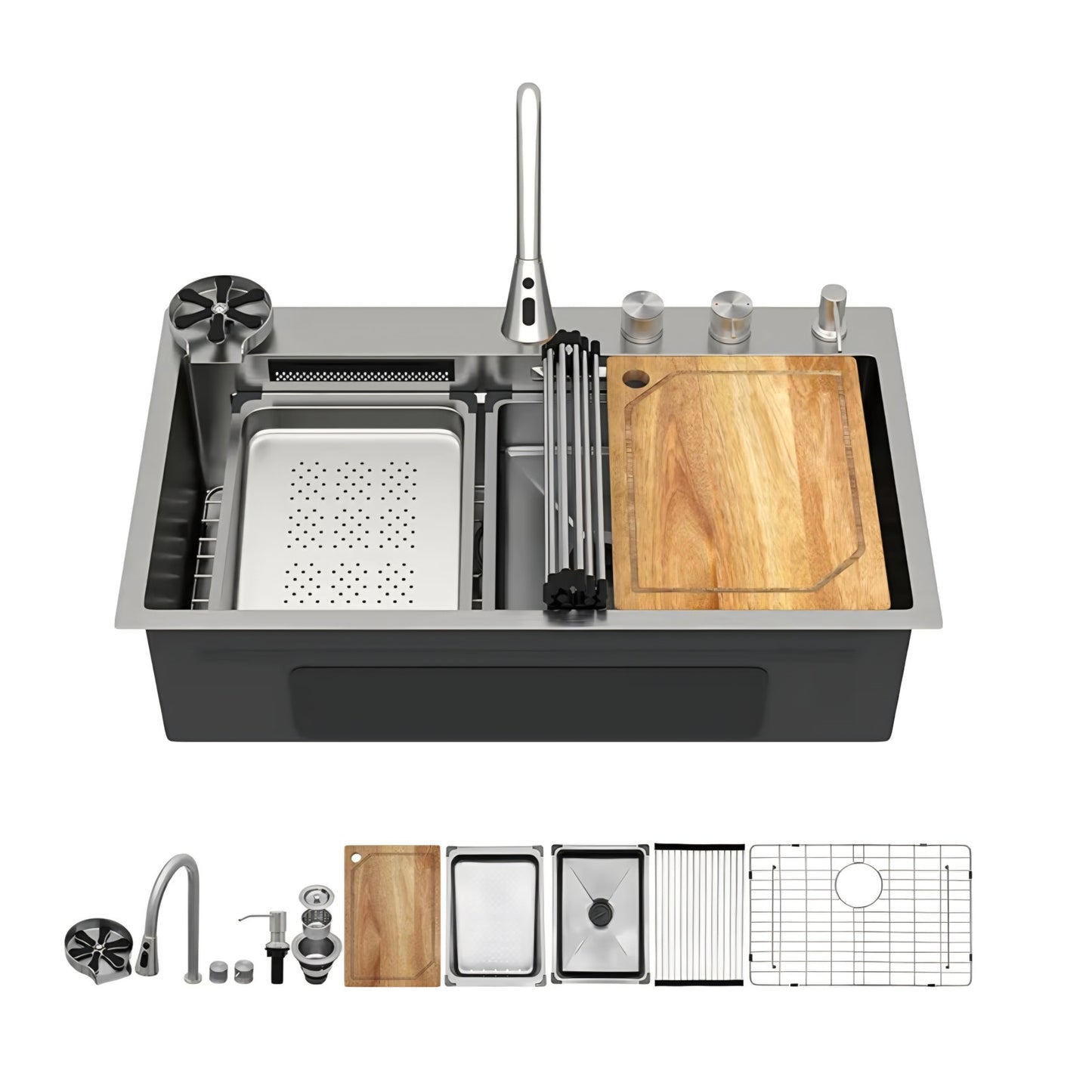 33 Inch Luxury Waterfall Kitchen Sink - Drop In Smart Kitchen Sink 33x22 Multifunctional Workstatio