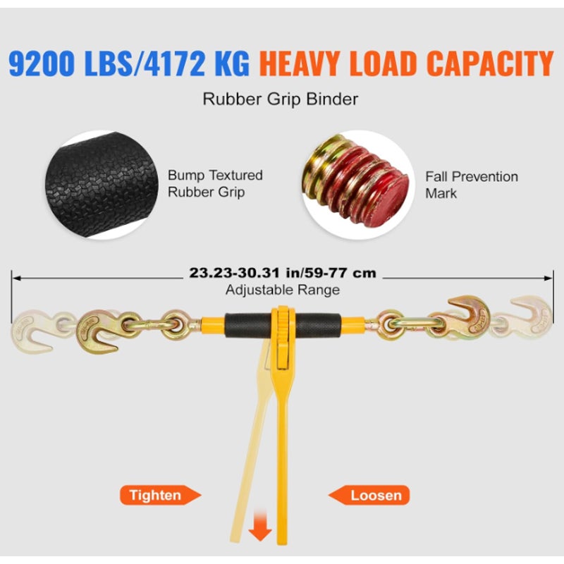 2 SET VEVOR Chain and Binder Kit, 3/8"-1/2" Ratchet Load Binders 9200 lbs Working Load Limit