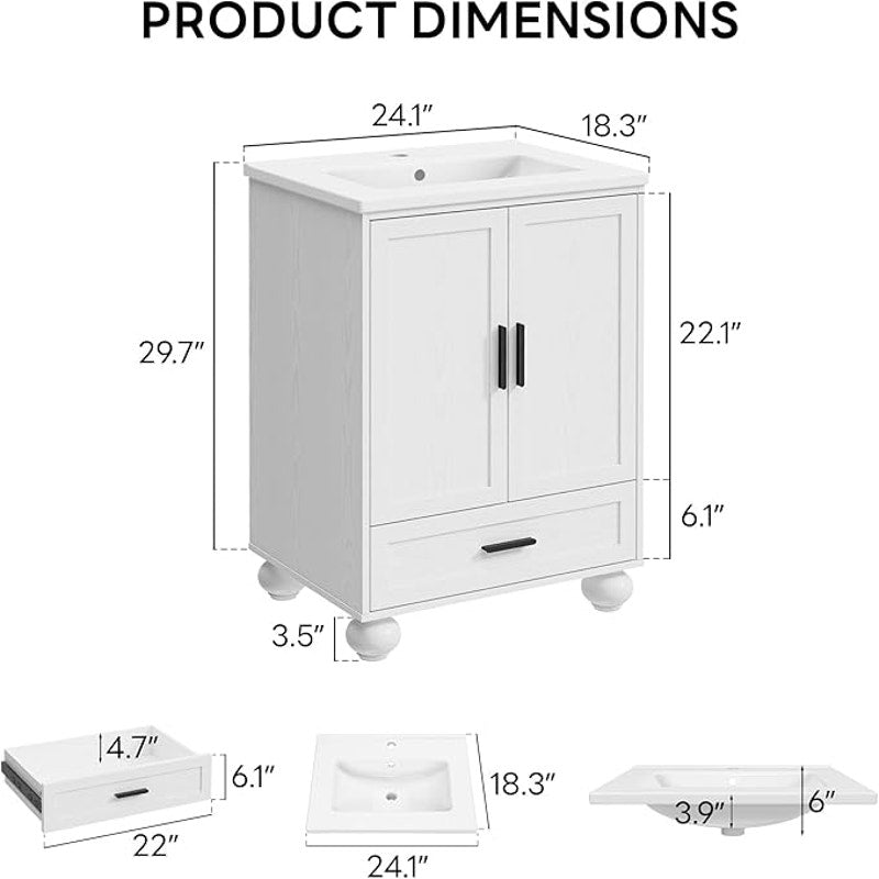 LIKIMIO 24" Bathroom Vanity with Ceramic Sink,  Solid Wood Legs, 18.3"D x 24.1"W x 33.2"H, white