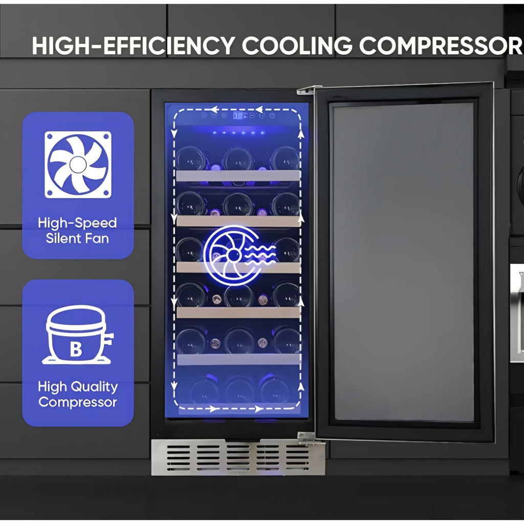 15 Inch Wine Cooler Under Counter, 30 Bottle Wine Fridge with Stainless Steel Glass Door
