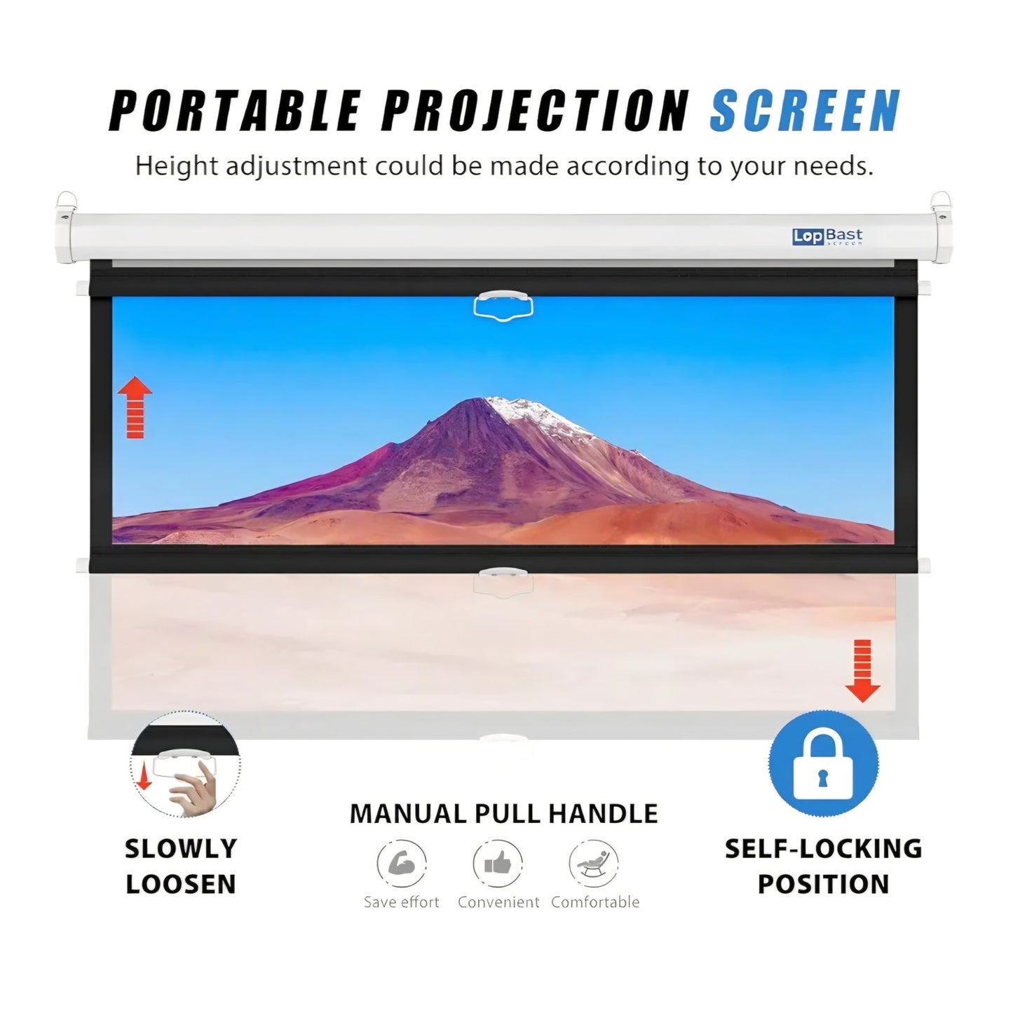 82-INCH Manual Pull Down White Projector Screen 16:9 1.2 Gain Retractable Auto-Locking 4K 8K