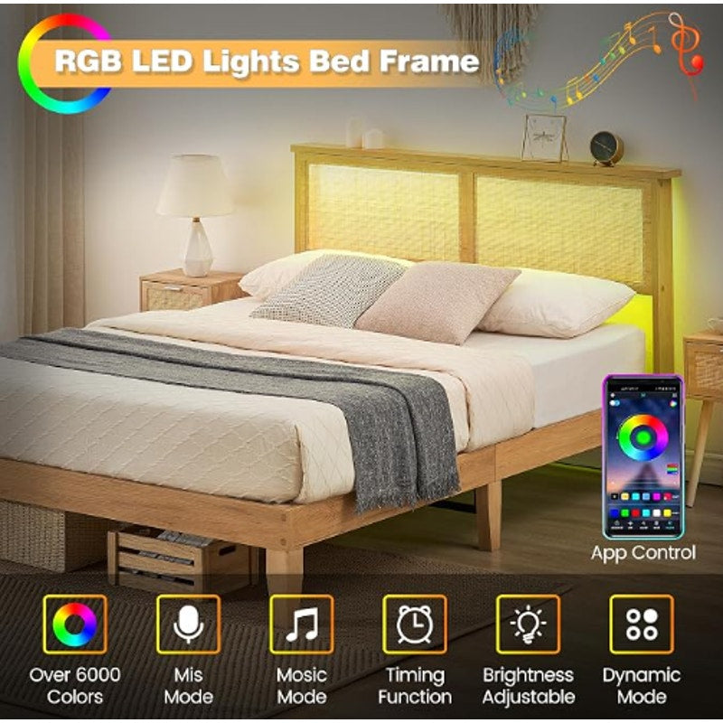 Rattan Bed Frame Queen Size with Natural Rattan Headboard & LED Lights